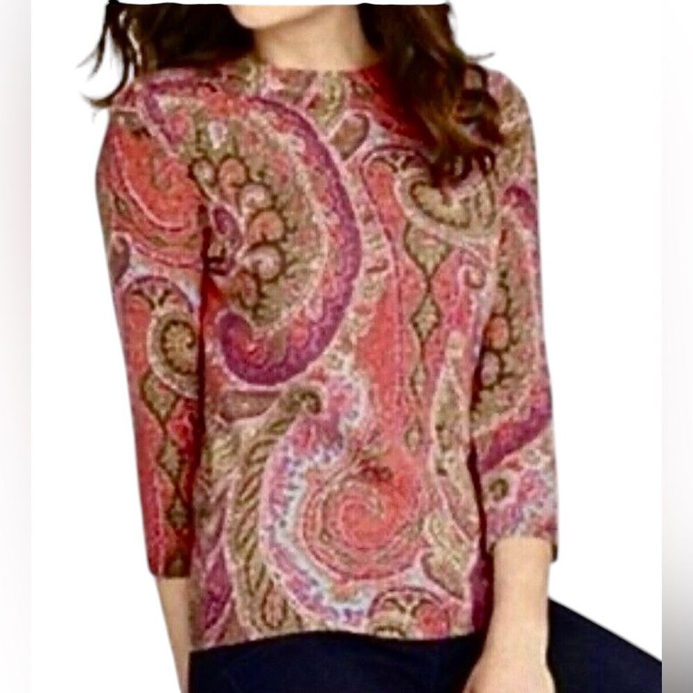 TALBOTS 100% Cashmere Paisley Printed 3/4 Sleeve Sweater - Picture 3 of 9